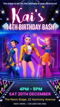 Editable K-Pop Teen Birthday Invitation | Neon Popstar Party Flyer Template Instagram Story